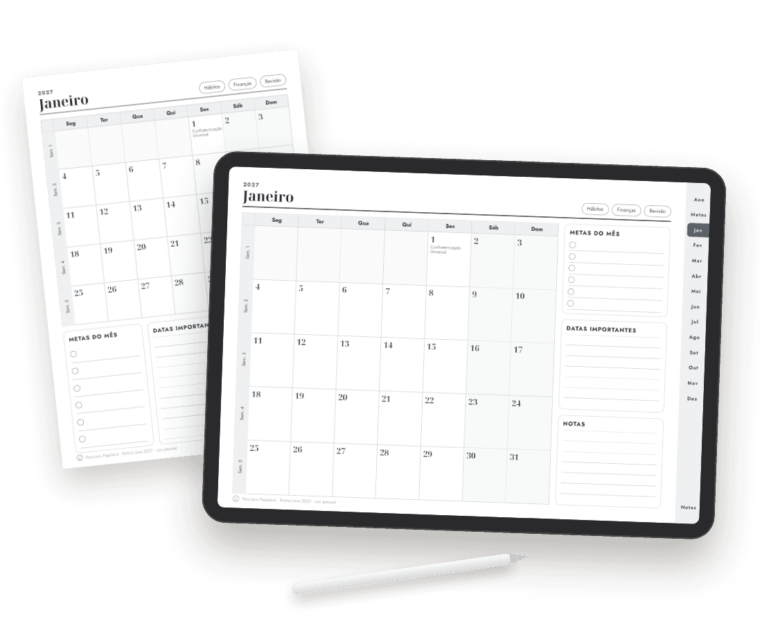 Planner na cor Grafite, no tablet e impresso