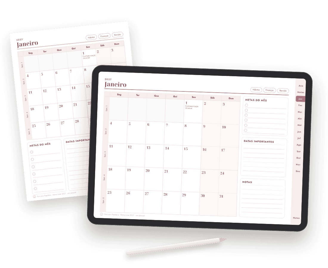 Planner na cor Rosé, no tablet e impresso