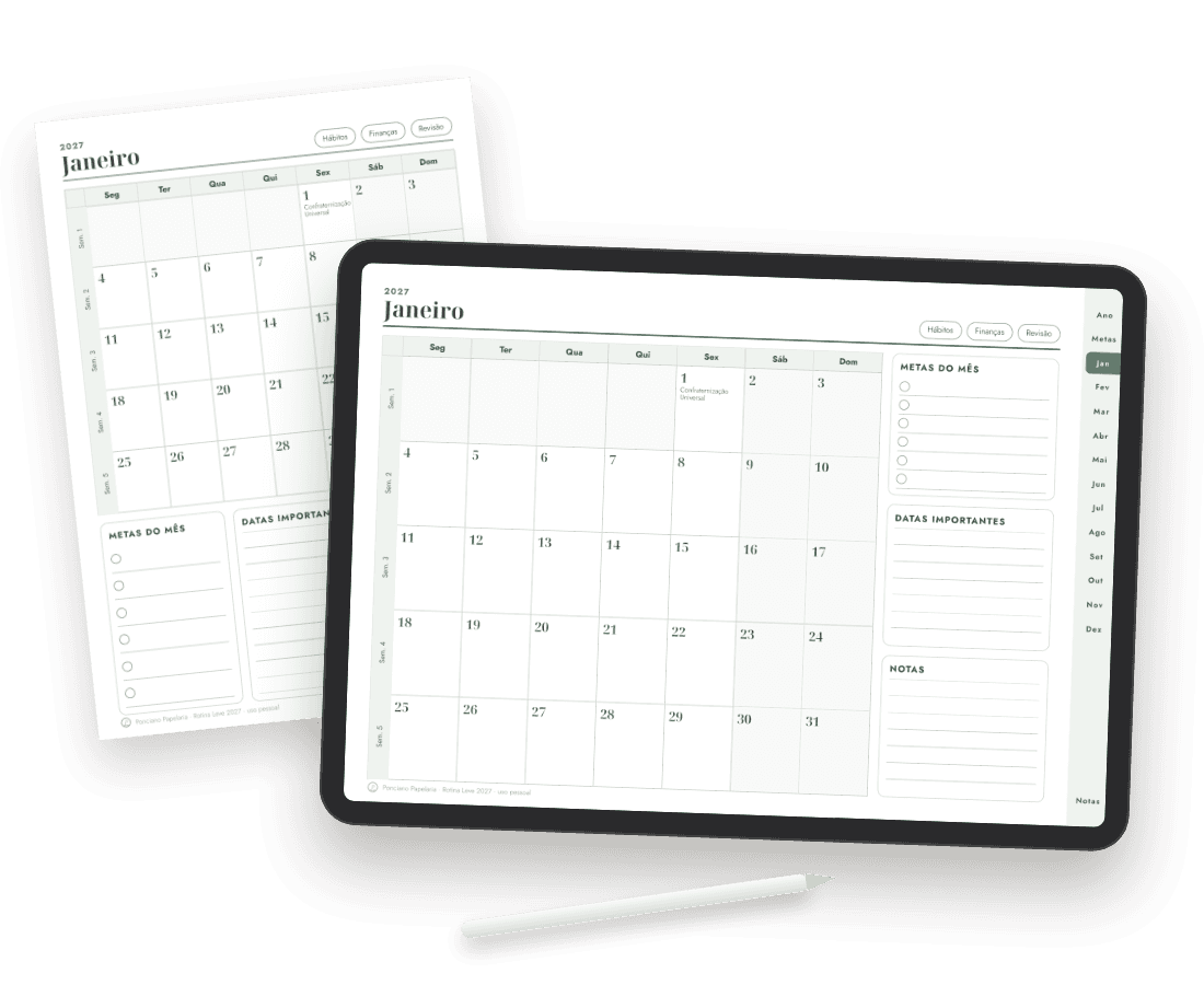 Planner 2027 Rotina Leve no tablet e impresso